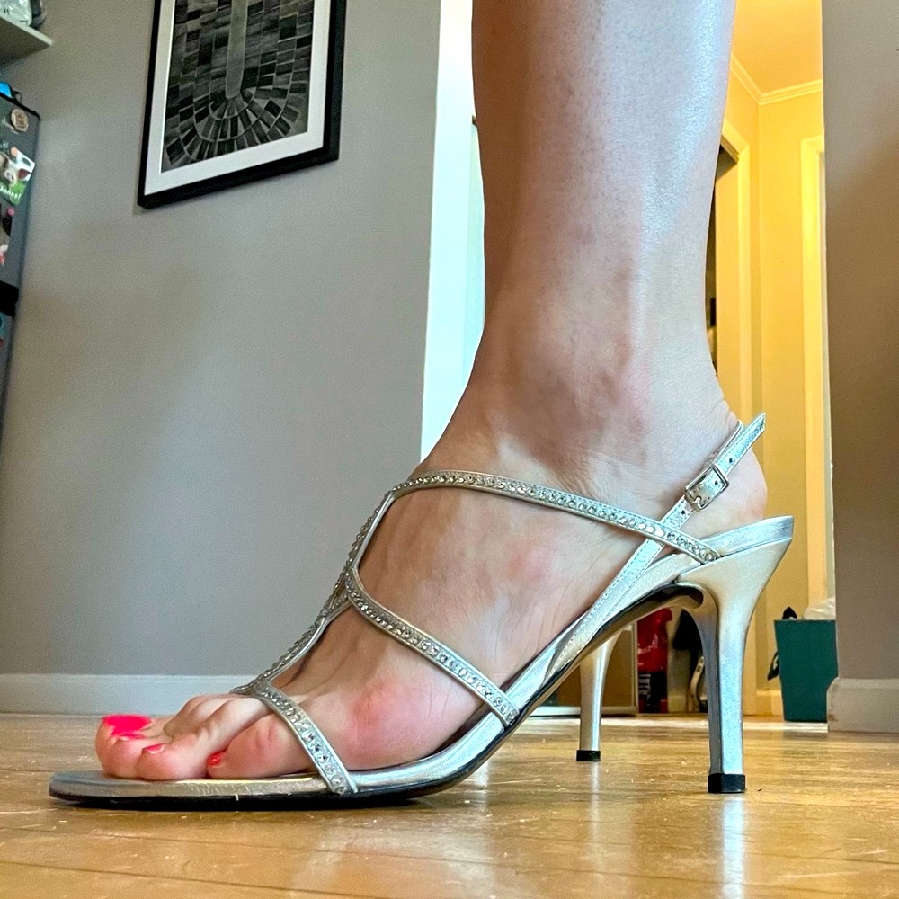 Stuart Weitzman silver strappy heels